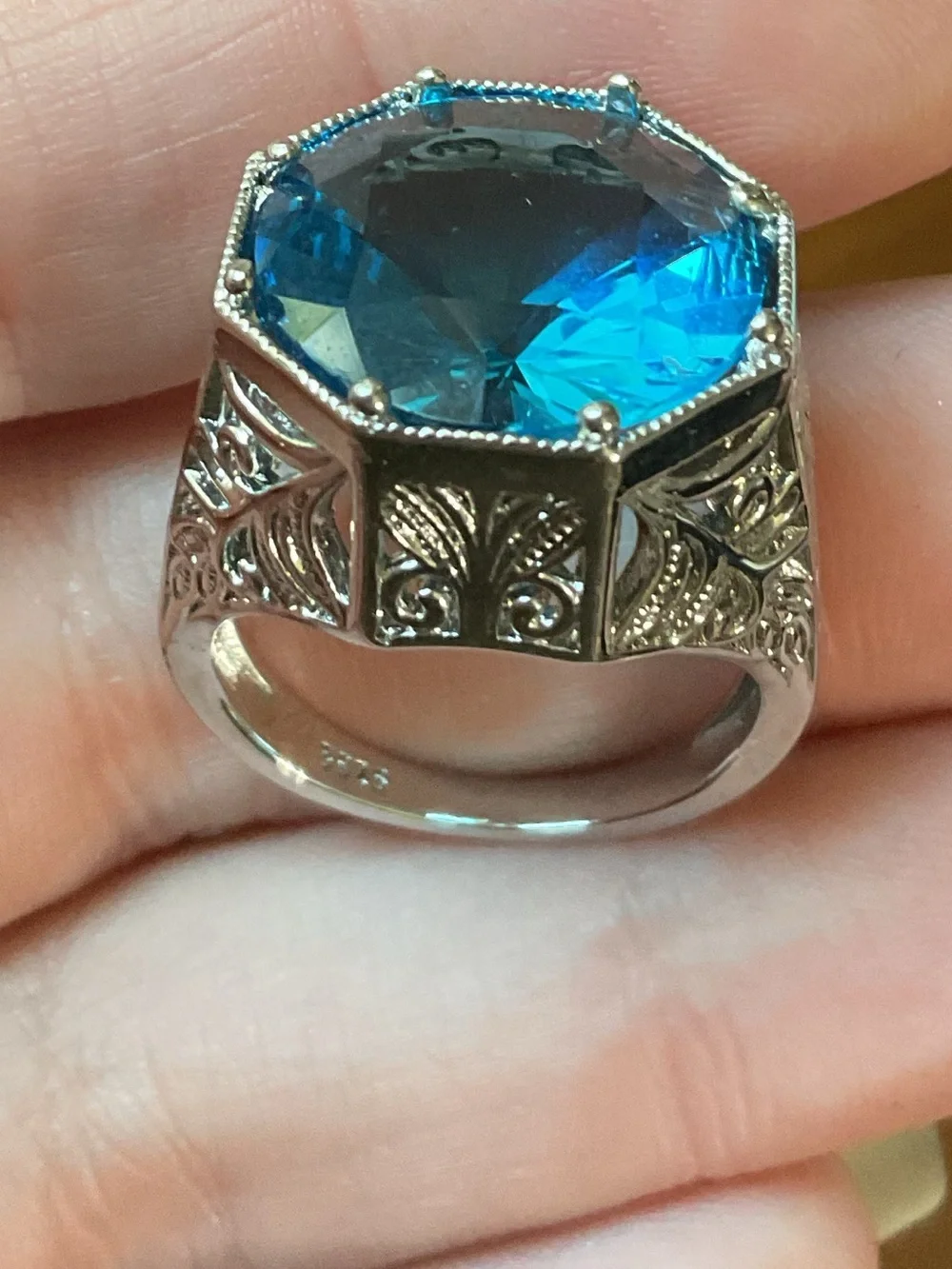 Art Deco Revival Sterling Silver Open Filigree Blue Crystal Ring Size 7